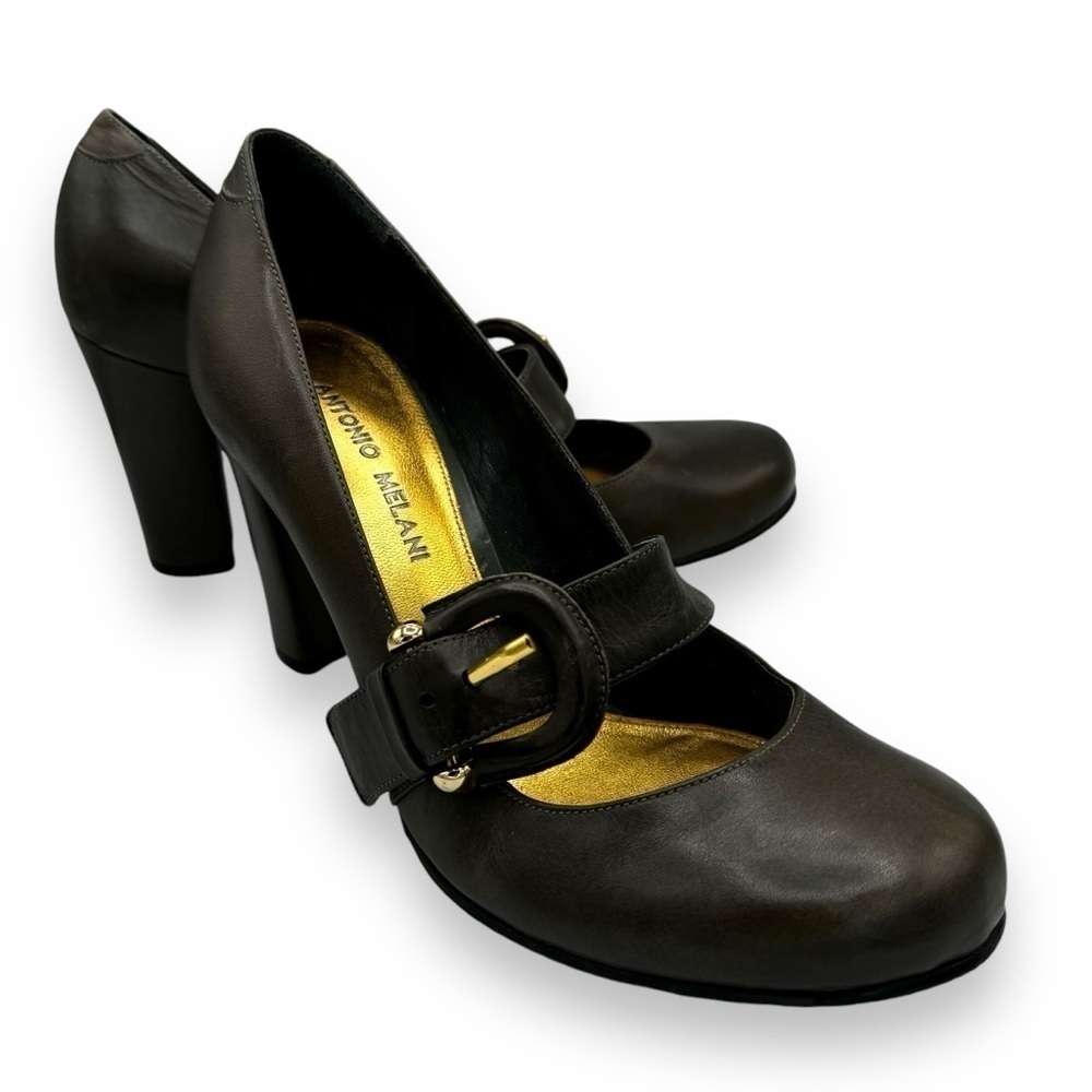 Antonio Melani Block Heel Buckle Coquette Girl Mary Janes, Grey Bronze, Size 8.5